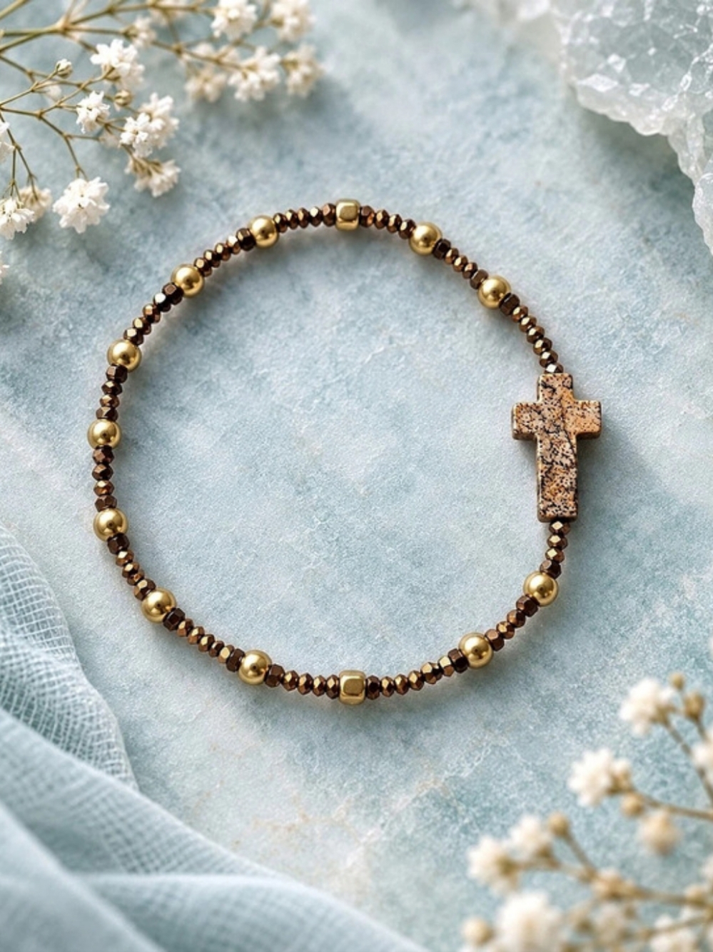Beaded Cross Bracelet in Gold